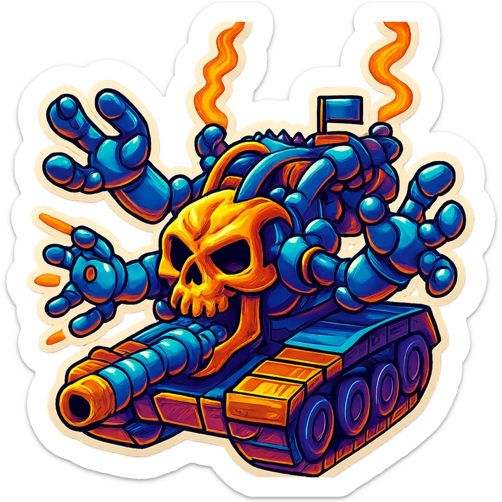 Edit the skull robot tank to have 4 distinct arms, made of silver metal with vibrant colors, in a clean outline style consistent with retro stickers style. Maintain a transparent background. sticker