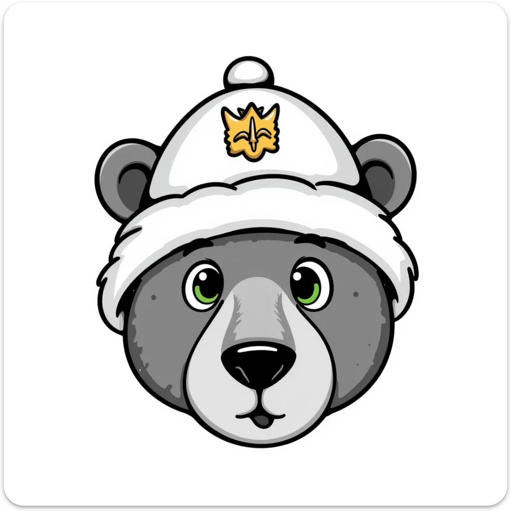Cute grizzly bear face with green eyes, wearing a white fur hat with golden Russian coat of arms in the middle sticker