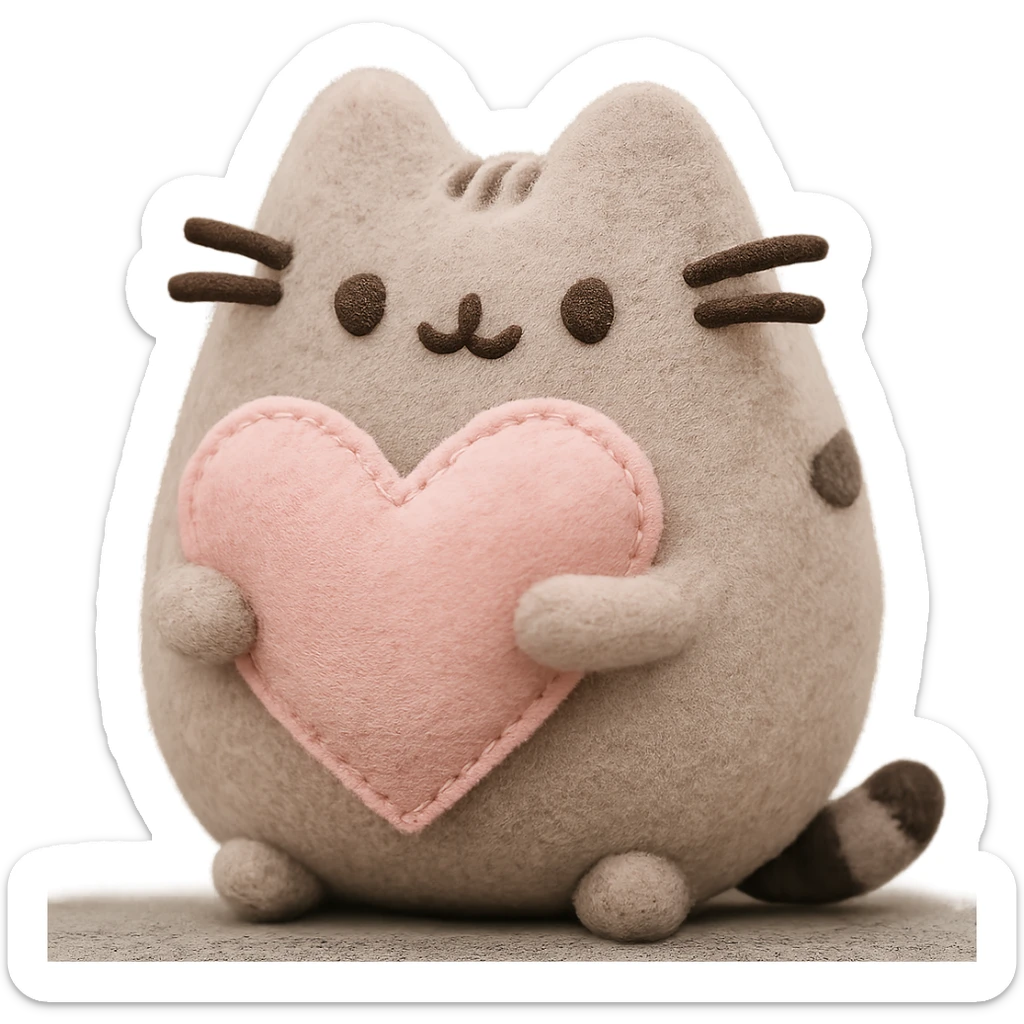 Pusheen hugging a big heart, pastel colors, adorable, plush portrait style sticker