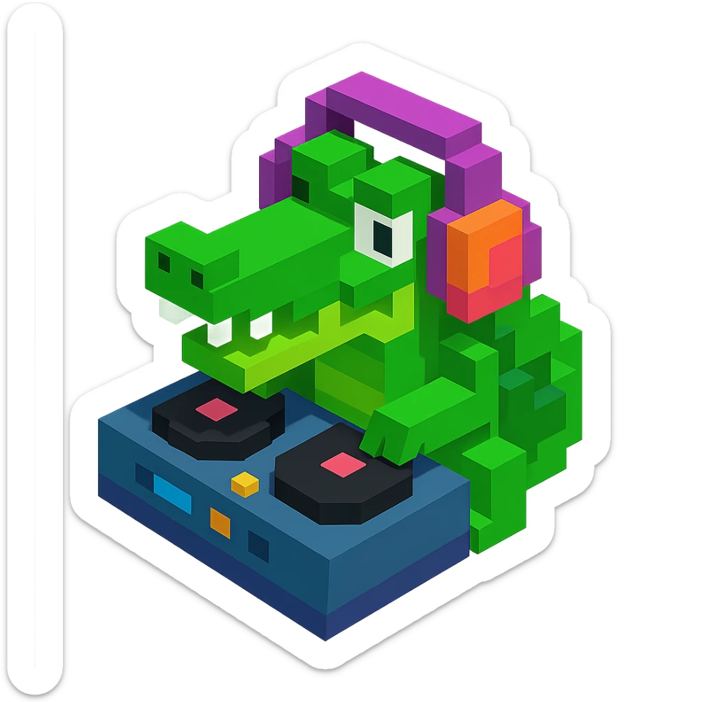 voxel style crocodile DJ with headphones and turntable, isometric view sticker