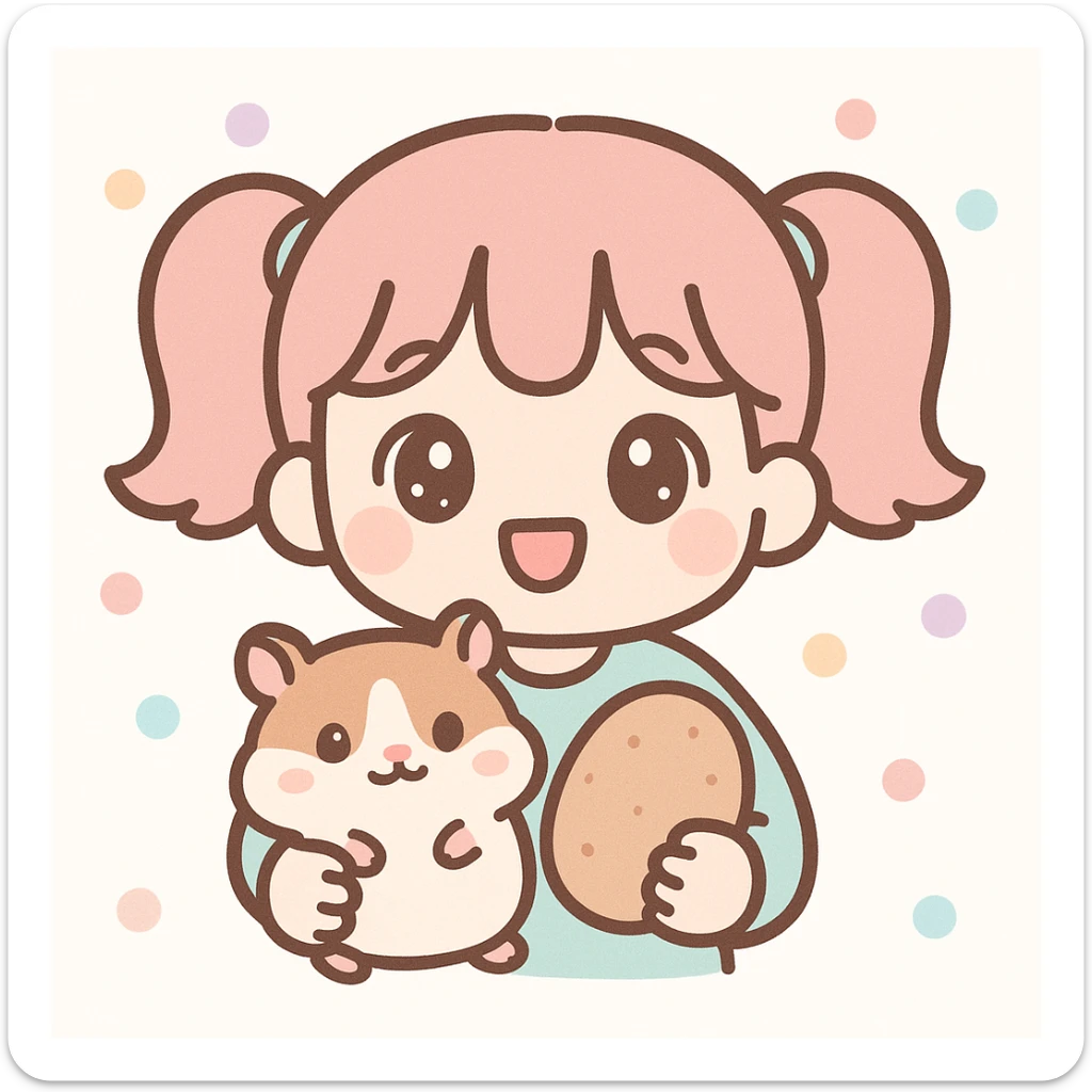 A girl with two ponytails holding a hamster and a potato, kawaii style, big eyes, cute details sticker