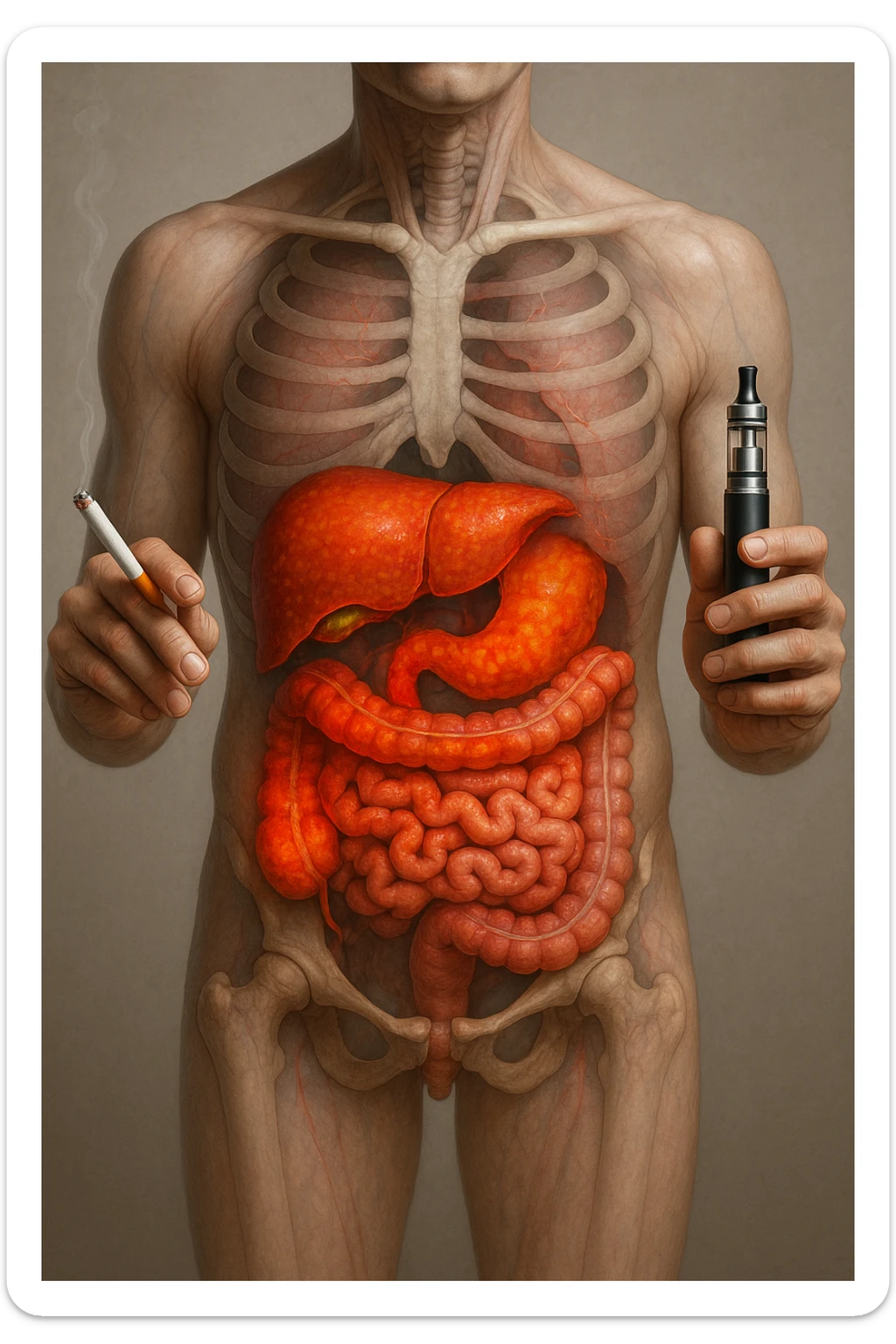 FANNE 10 CON LO STESSO IDENTICO STILE DEL CORPO UMANO CHE HO ALLEGATO , MA USANDO QUESTO COMANDO: A MEDICAL ILLUSTRATION OF A REALISTIC human body WITH INFLAMMED LIVER AND INTESTINE IN EVIDENCE, HOLDS A LIGHTED NORMAL CIGARETTE IN HIS RIGHT HAND, AN ELECTRONIC CIGARETTE IN HIS LEFT HAND IPERREALISTICA  4K sticker