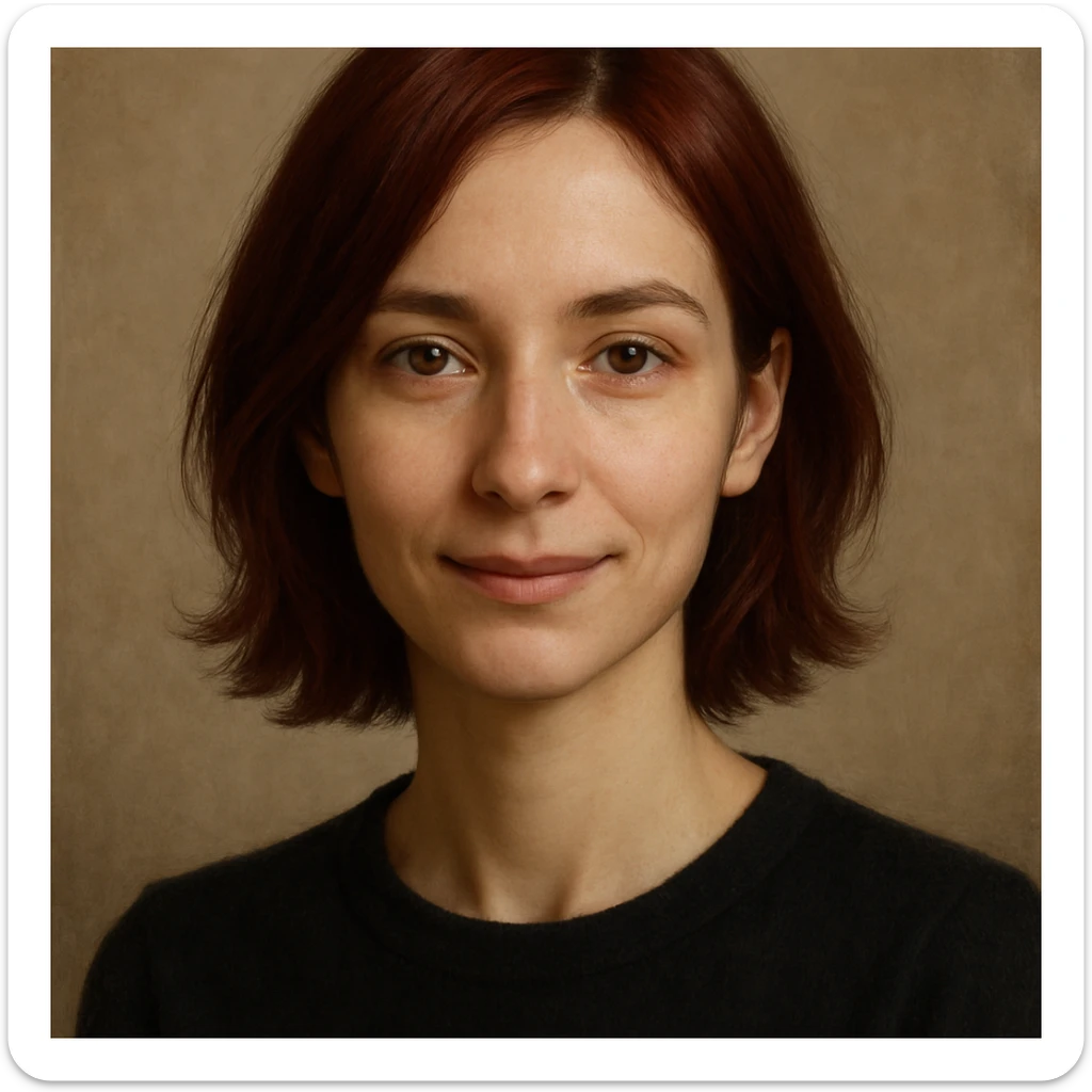 bust portrait of a slim figure with dark red hair, brown eyes, and a gentle smile sticker