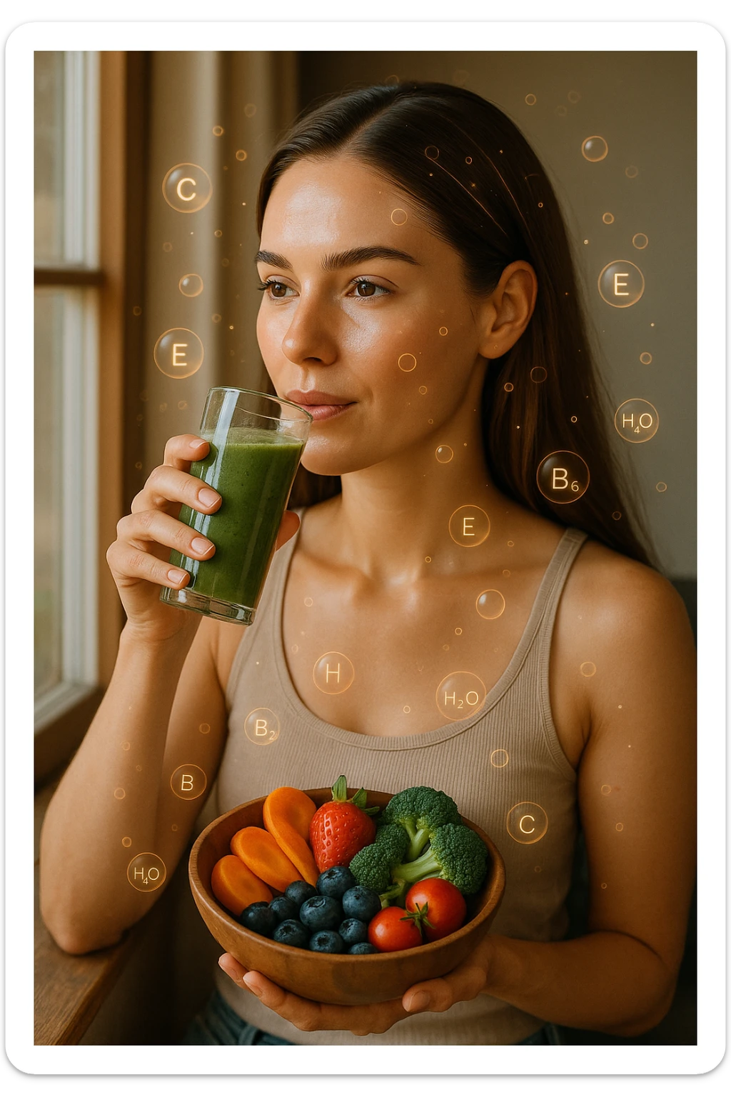 A highly realistic, cinematic portrait of a young woman in her late 20s with glowing, clear, healthy skin and a vibrant scalp with strong, shiny hair, symbolizing internal health reflecting outward. She has a calm, confident expression while sitting by a window with warm daylight softly illuminating her face, highlighting smooth, hydrated skin with a natural glow. Her hair appears clean, full, and strong, indicating a healthy scalp and balanced sebum production. She is drinking a glass of green smoothie rich in antioxidants and holding a bowl of colorful fruits and vegetables, symbolizing how internal nutrition supports skin and scalp health. Subtle, softly glowing overlays of molecular symbols for vitamins, minerals, and hydration molecules gently swirl around her, visually representing the concept of beauty and skin health from the inside out. Style: 35mm hyperrealistic film look, warm tones, soft depth of field, focusing on clear skin texture, healthy scalp, and vibrant hair to inspire holistic wellness sticker