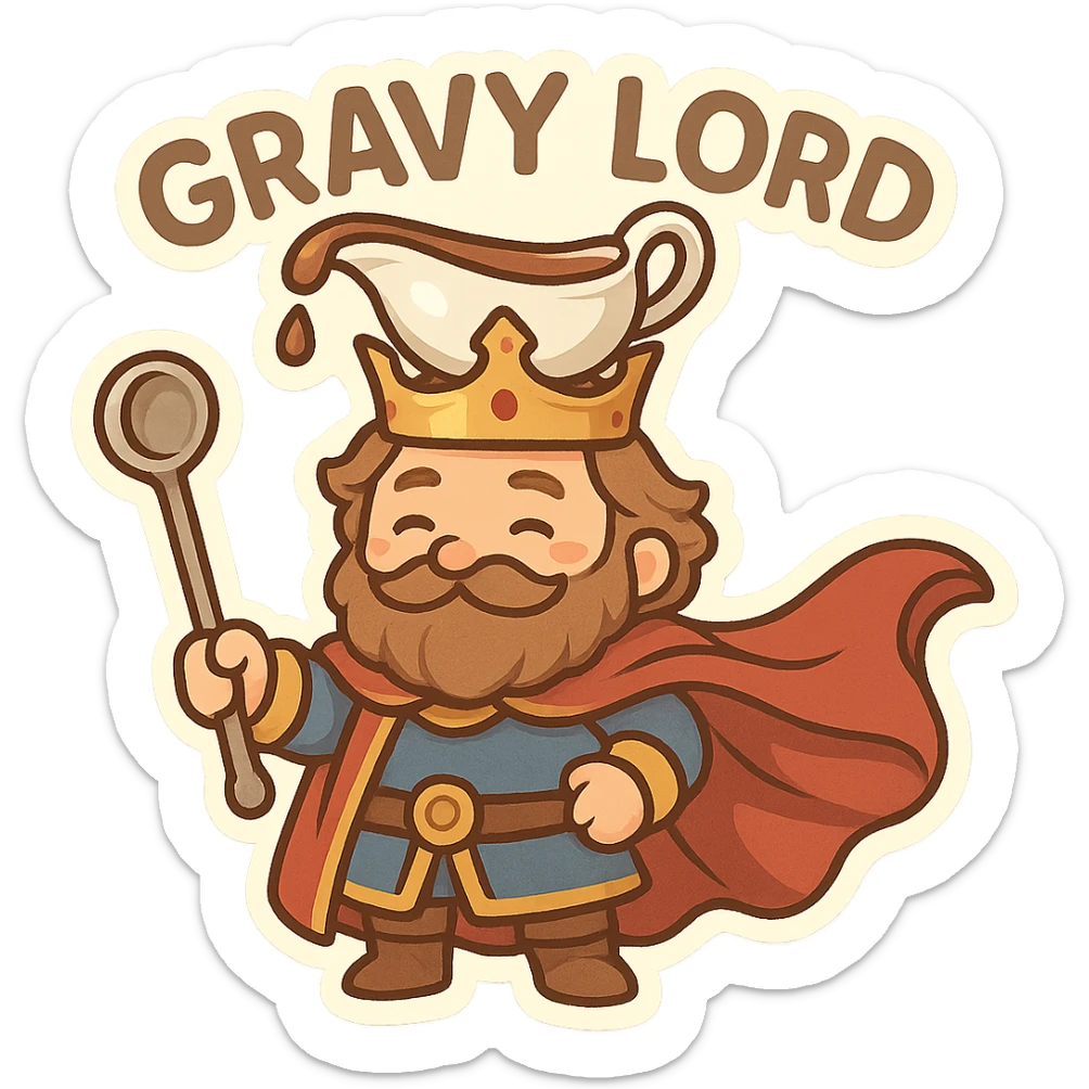 whimsical regal character called Gravy Lord with a gravy boat crown, holding a ladle scepter, flowing cape, fun and memorable style sticker