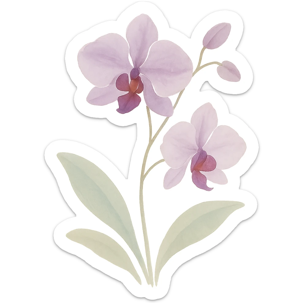 orchid, flowing brushstrokes, rich purple and white colors, elegant shape, naturalistic leaves, watercolor art style sticker