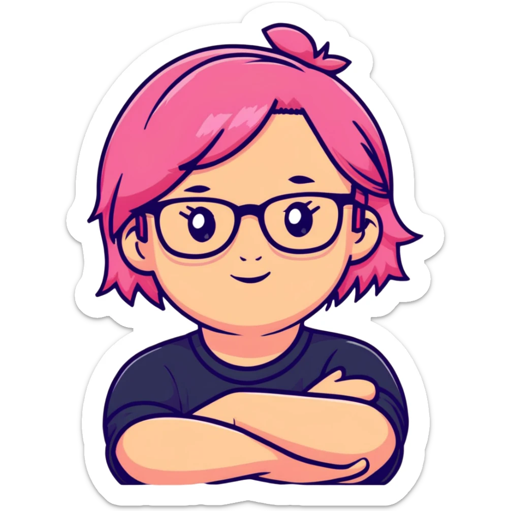 Pink-haired girl with glasses crossing her arms with a slight smirk sticker