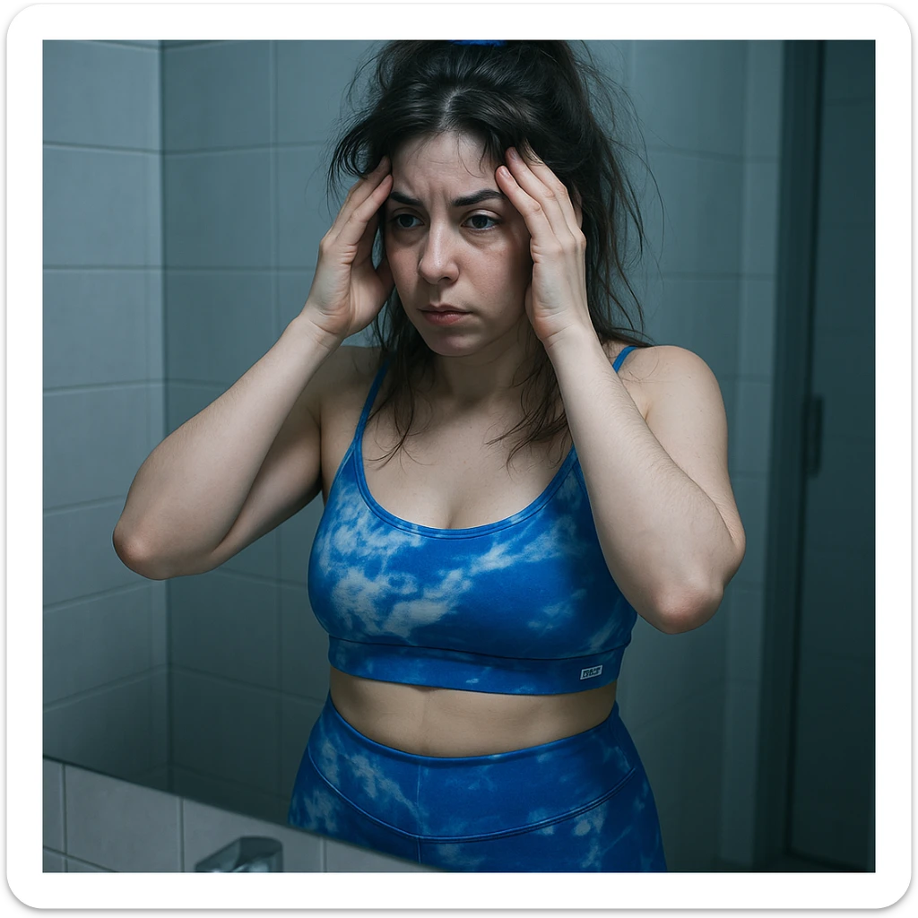 A slender woman in 4K, in front of the bathroom mirror, looking at herself with a tired gaze, massaging her temples, with messy hair and cold lighting, inspired by the reference photo. sticker