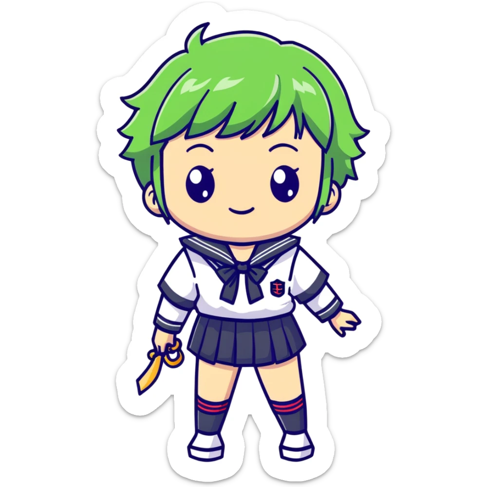 Mischievous anime girl with green short messy hair wearing Japanese sailor style school uniform, smirking and plotting, kawaii style sticker