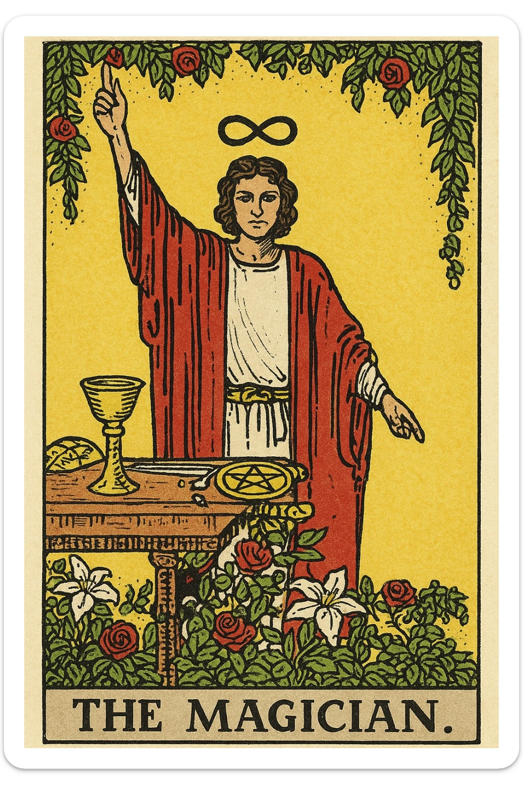 The Magician tarot card in Rider Waite Smith style, featuring a robed figure with one hand pointing to the sky and the other to the earth, surrounded by symbols of the four suits, mystical and classic tarot illustration look, white background sticker