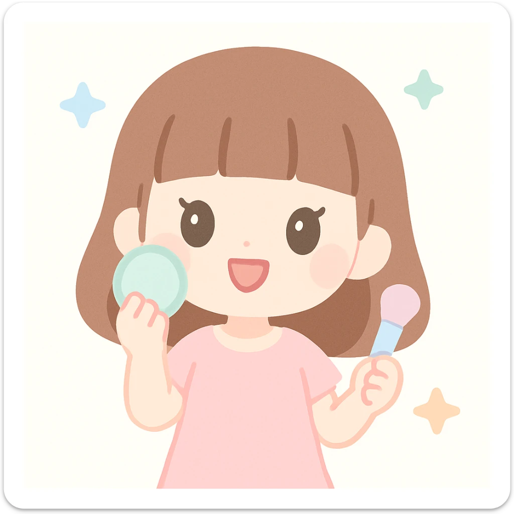 girl with brown hair styled in hime cut, light pink dress, applying makeup, cheerful vibe sticker