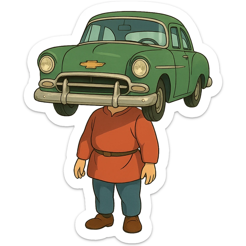 ghibli style character with a body and the face of a Chevrolet automobile sticker