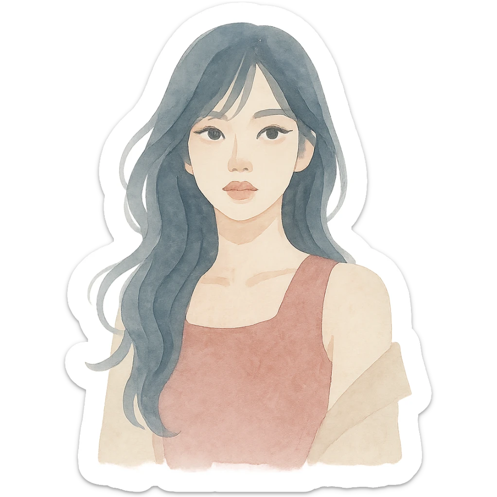 K-pop idol inspired by Blackpink, flowing hair, expressive eyes, chic clothing, watercolor art style sticker