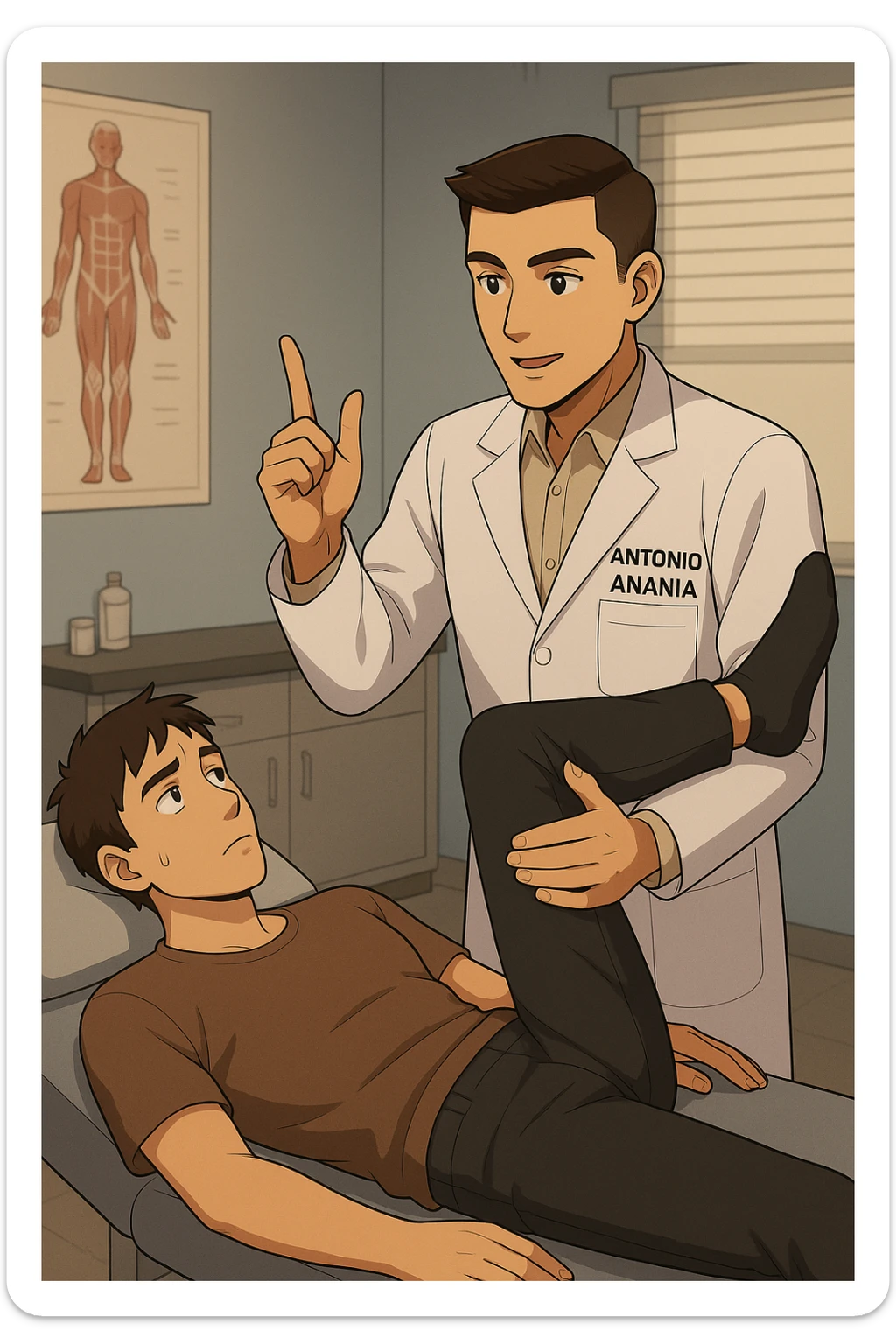 fai un webtoon manga a colori con questo stile, in cui un uomo è steso sul lettino medico e il kinesiologo con il camice bianco (fagli anche la scritta "ANTONIO ANANIA" SUL CAMICE, gli solleva una gamba per fargli il test neuromuscolare, IL KINESIOLOGO SPIEGA ALL'UOMO UNA cosa mentre gli alza la gamba. non fare i fumetti però, fai solo in modo che sembri stiano parlando sticker