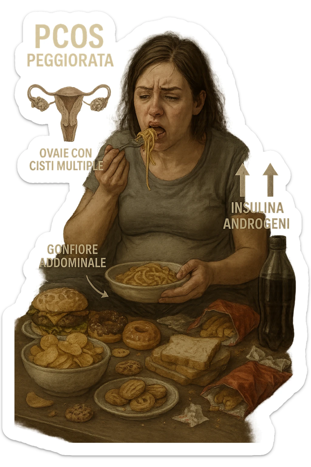 Donna tra i 25 e i 35 anni seduta sul divano o a un tavolo disordinato, circondata da cibi sparsi e poco sani: patatine, dolci, pane bianco, snack confezionati, bibite. Mangiando di fretta, ha un’espressione stanca e frustrata. Intorno a lei, in trasparenza o come illustrazione simbolica, si vedono gli effetti della PCOS peggiorata: ovaie con cisti multiple, squilibrio ormonale (↑ insulina, ↑ androgeni), gonfiore addominale. Sullo sfondo, orologio che corre o caos visivo che comunica disorganizzazione alimentare. Colori spenti e atmosfera stanca. Stile realistico con elementi simbolici e informativi. in italiano sticker