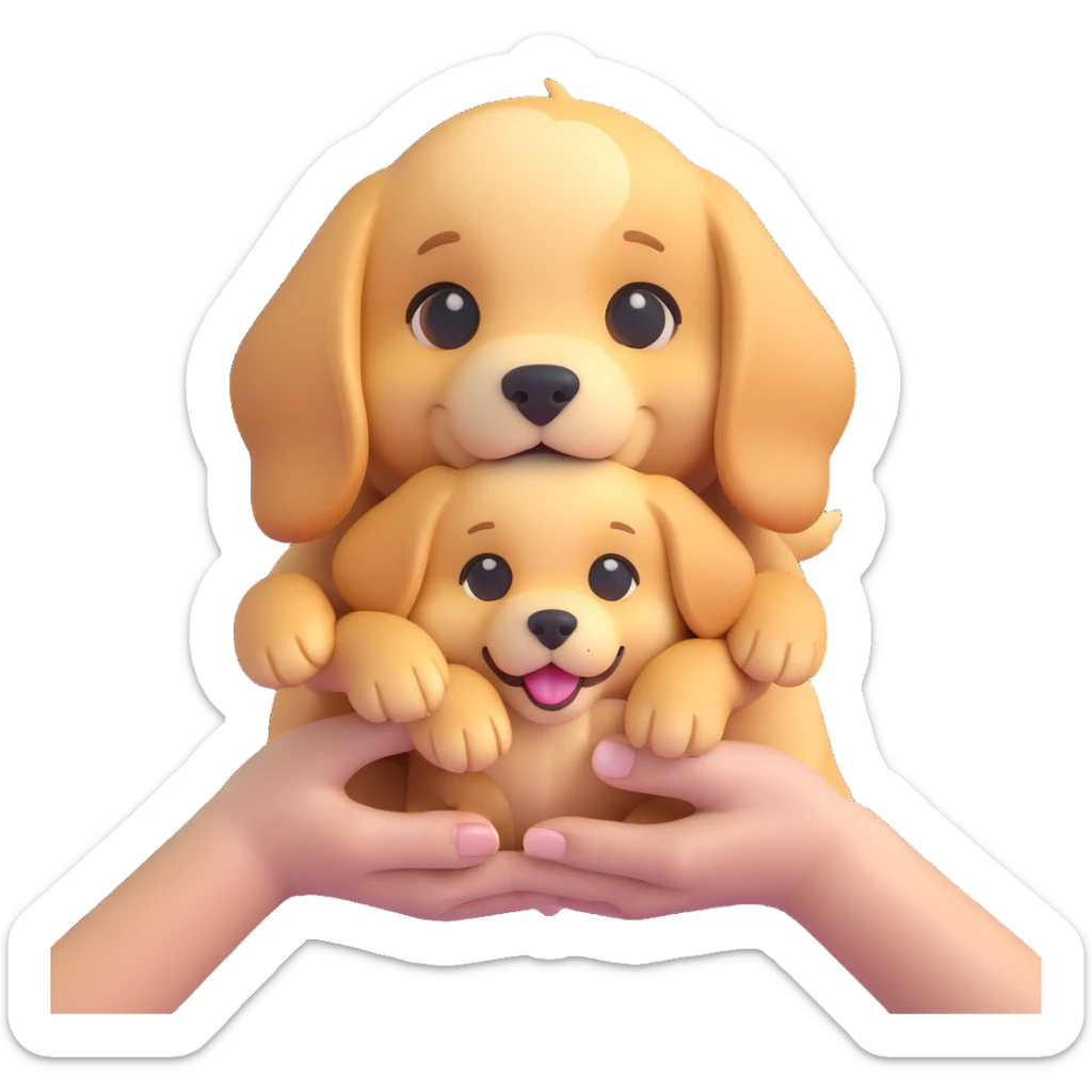 Change the corgi in the woman's hands to a golden retriever puppy in the same 3D emoji style, keeping the rest of the image unchanged and the background transparent. sticker
