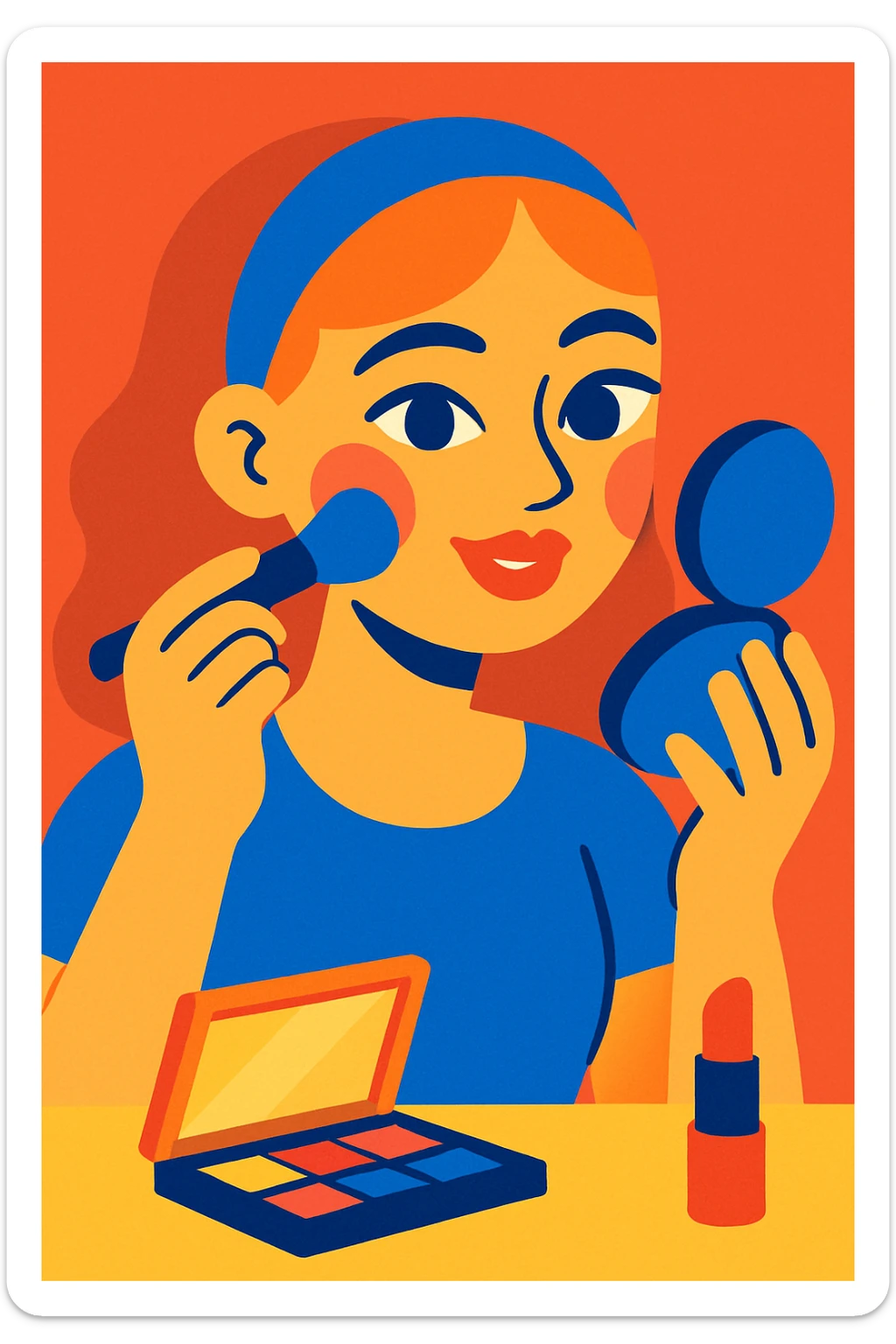 ragazza che si trucca, stile illustrativo moderno, colori vivaci sticker