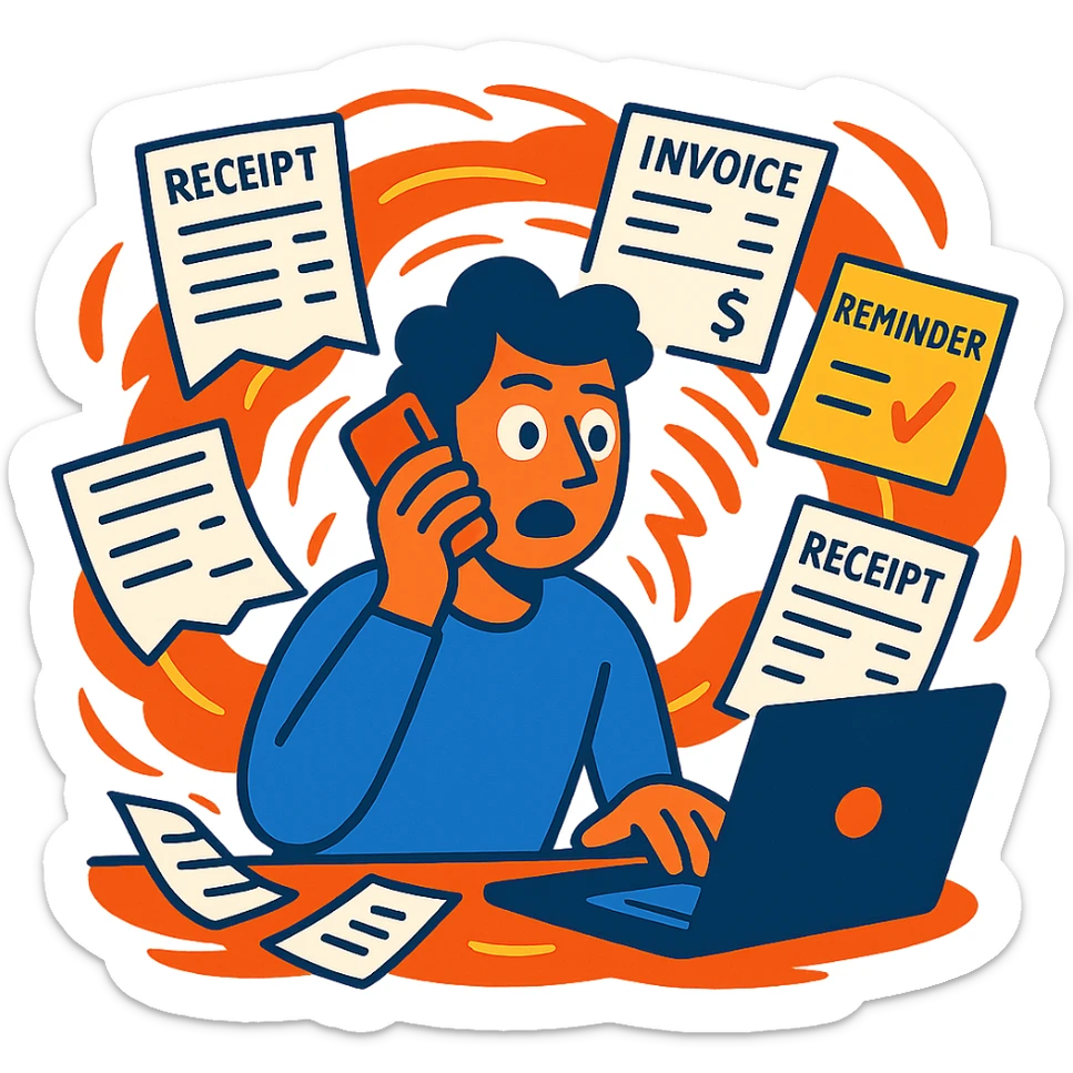 person holding a phone in one hand, laptop open in front, storm of receipts, invoices, and reminders swirling around, multitasking chaos sticker