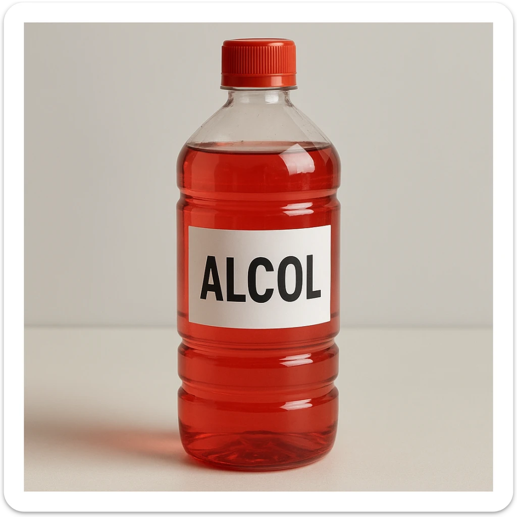 photo realistic bottle of denatured alcohol with label 'alcol' in Italian sticker