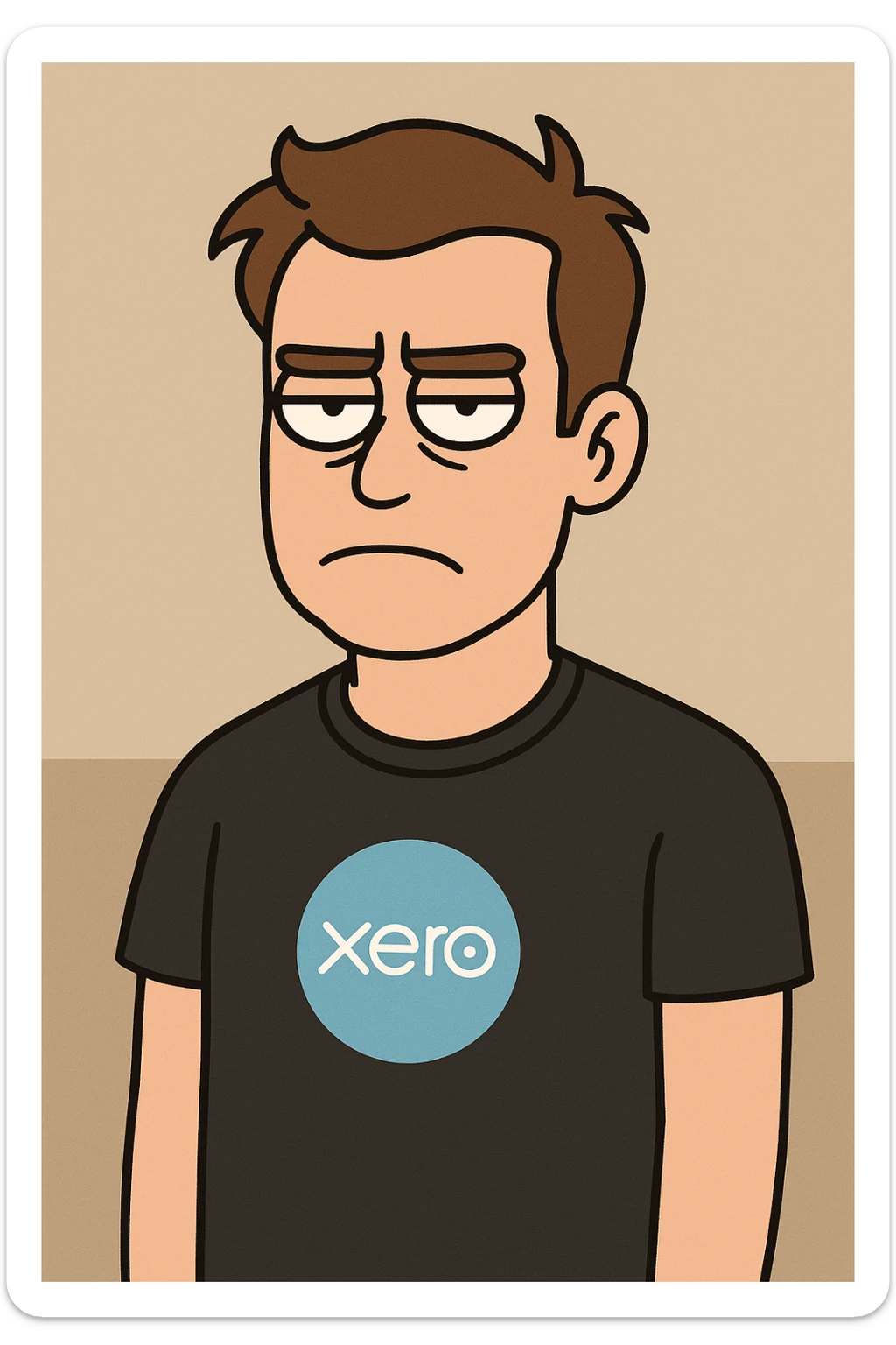 cartoon style man with brown hair, no beard, no glasses, wearing a black Xero software company t-shirt, looking unamused sticker