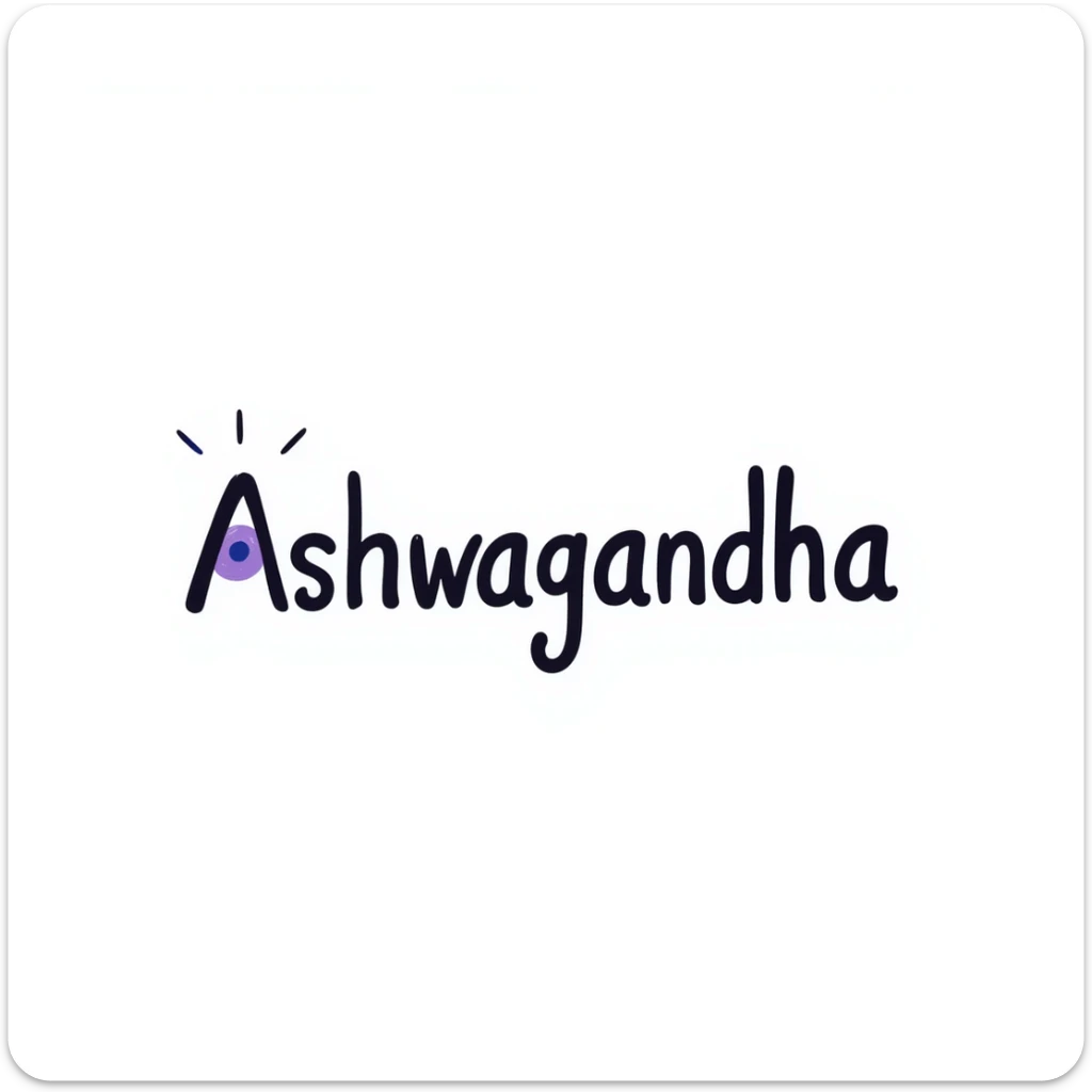 The word "Ashwagandha" hand-drawn in a cool blue and purple color palette. Simple doodle style with minimal decoration. sticker