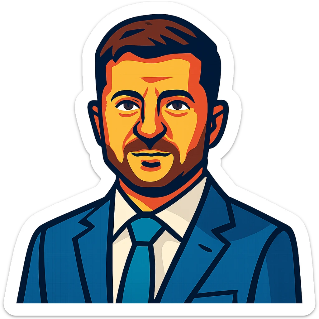 portrait of Vladimir Zelensky in a business suit, vibrant toon style, no background sticker