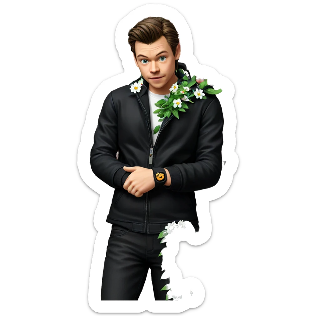 boy in black jacket flower sticker