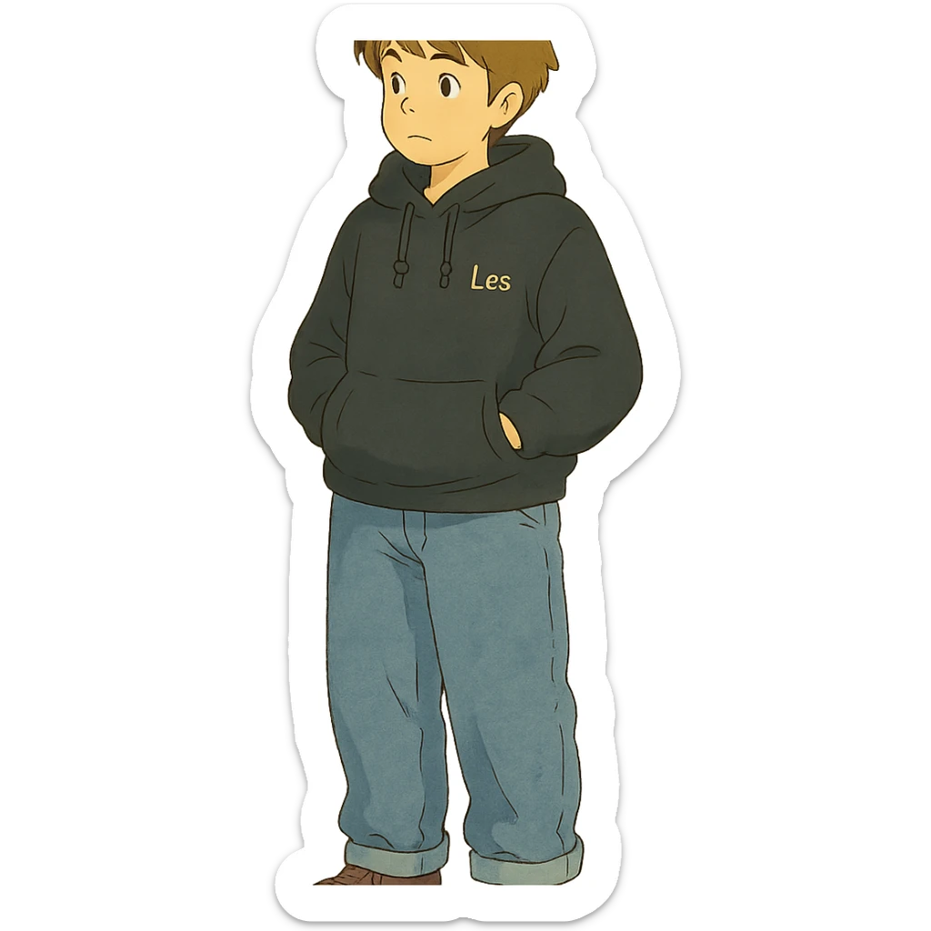 ghibli style person named Les wearing wide jeans and a black hoodie sticker