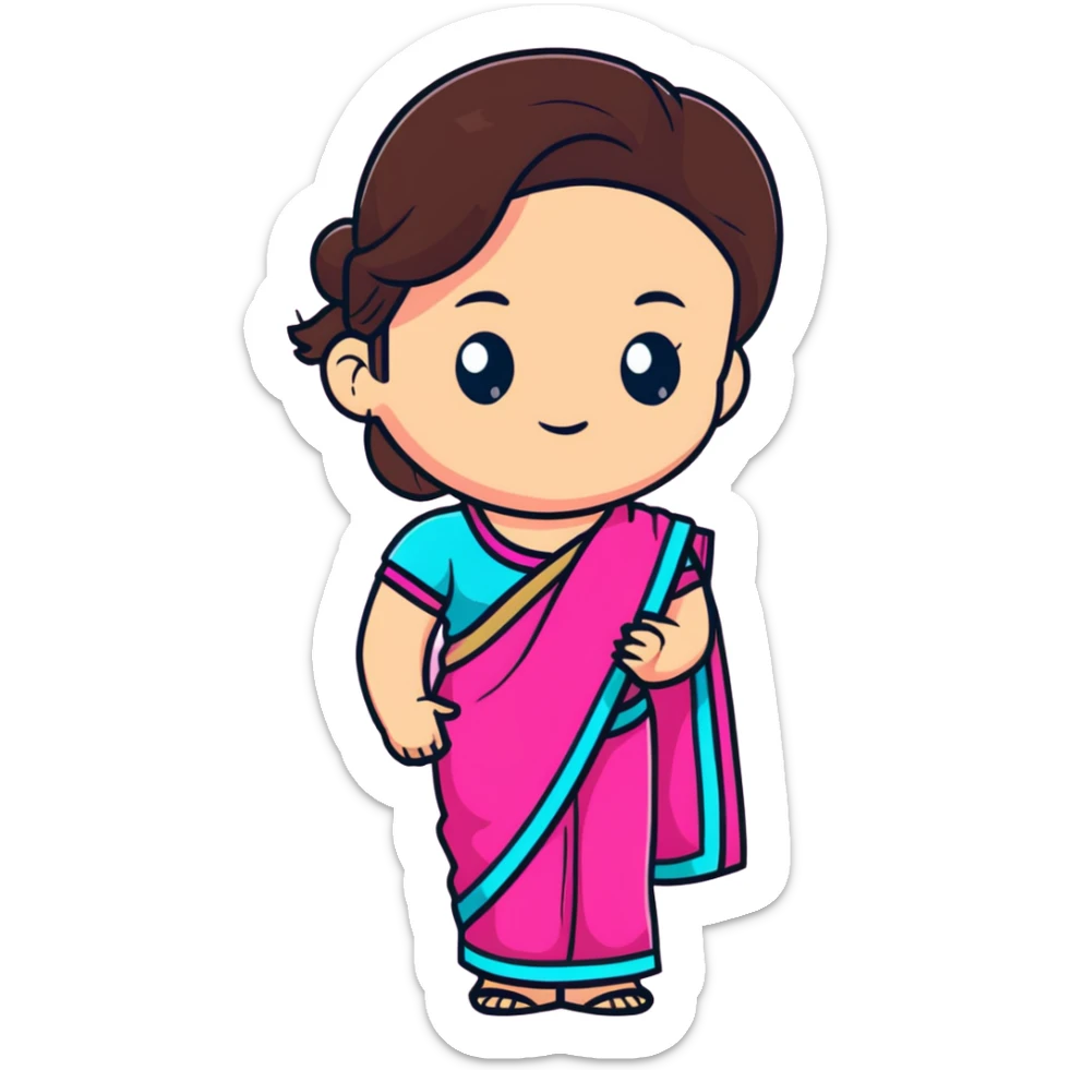 girl with light wheatish skin, dark brown hair, wearing dark pink saree sticker