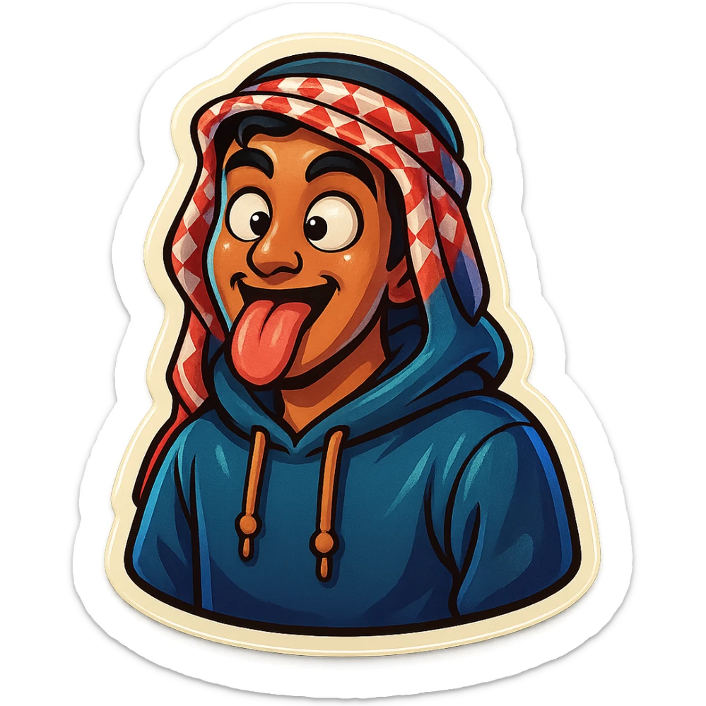cartoonish, bold, vibrant emoji-style sticker of Ara, an Arab young man with medium brown skin, black hair, wearing casual urban Middle Eastern streetwear like a keffiyeh scarf or hoodie, sticking out his tongue playfully with crossed eyes sticker
