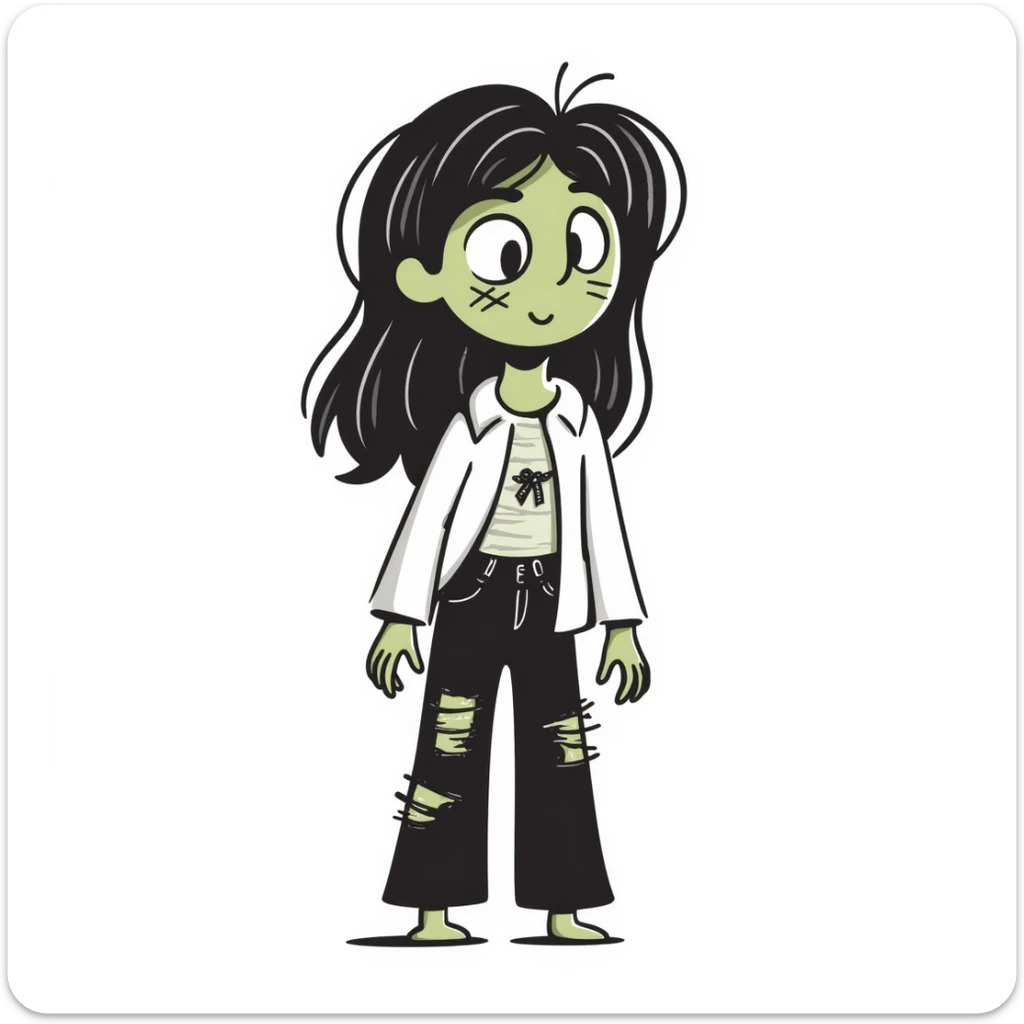 Girl zombie with messy long brown hair, stitches on face, pale green skin, and torn clothes sticker