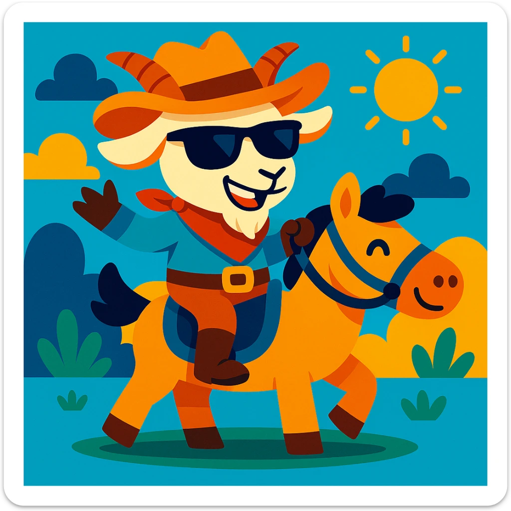Add cool black sunglasses to the goat cowboy, keep the vibrant cartoon style. sticker