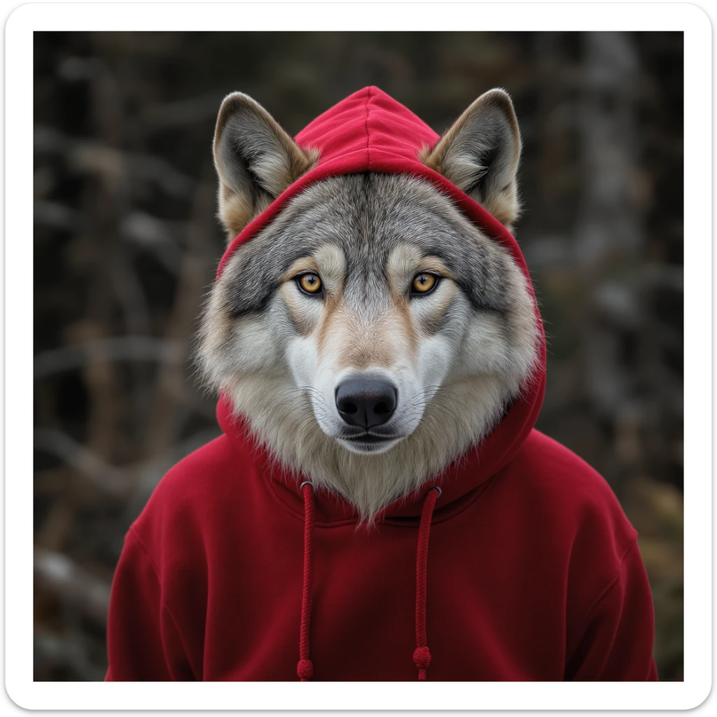 realistic white wolf with a red hoodie, soft lighting, naturalistic background sticker