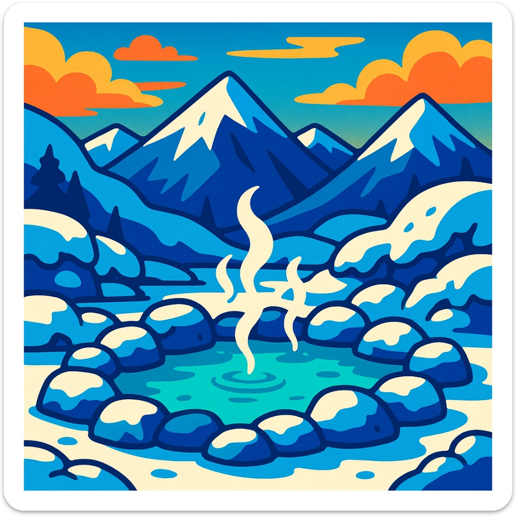 a cozy hot spring nestled in snowy mountains, steam rising, snow-covered rocks, tranquil atmosphere, vibrant toon style sticker