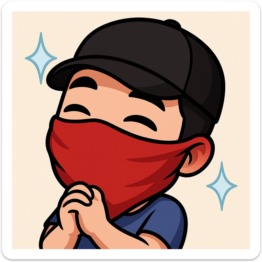 Edit the cartoon style emote of the guy to have him wearing a red bandana covering his face and a cap, keeping the same cartoon style and expression. sticker