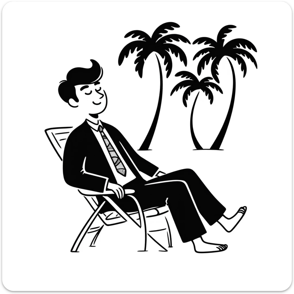 hand-drawn blonde man in business suit sitting on beach chair with palm trees, on vacation sticker