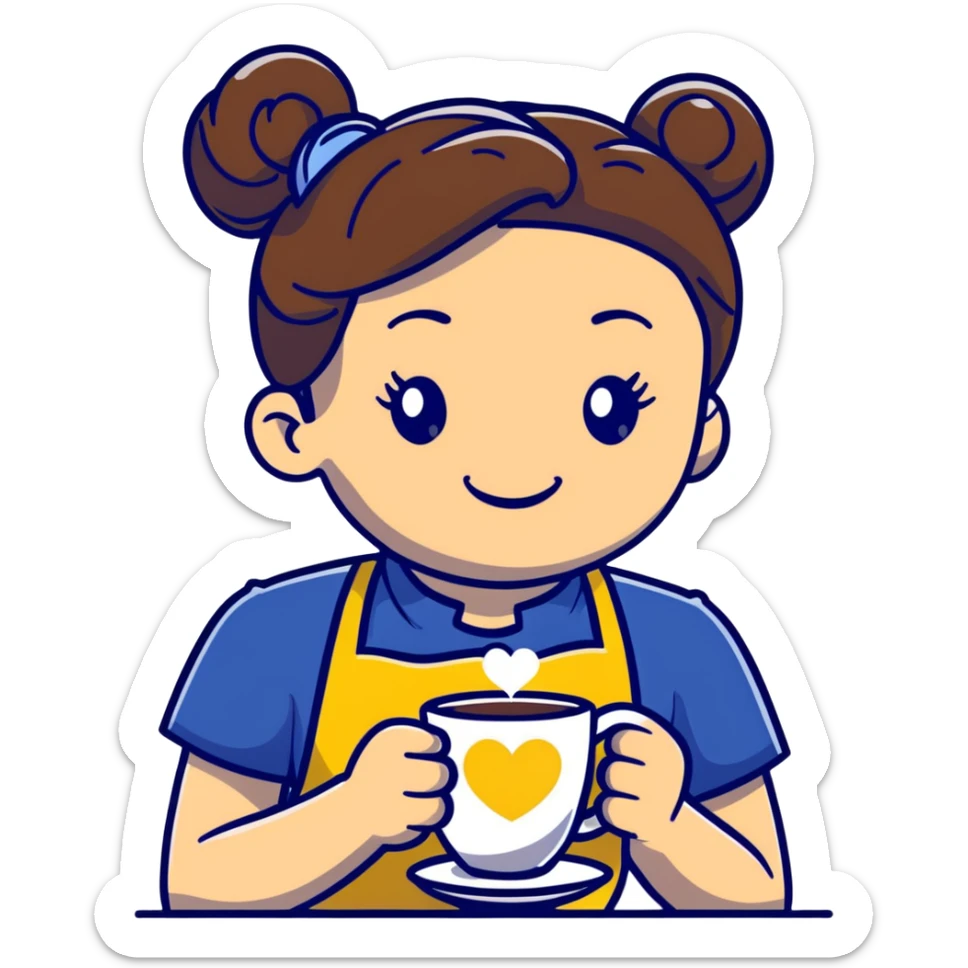 Cute brunette barista girl with hair in a bun wearing yellow shirt and dark blue apron, she's relaxed and making heart-shaped latte art, smiling at the coffee cup with a heart design in the foam sticker