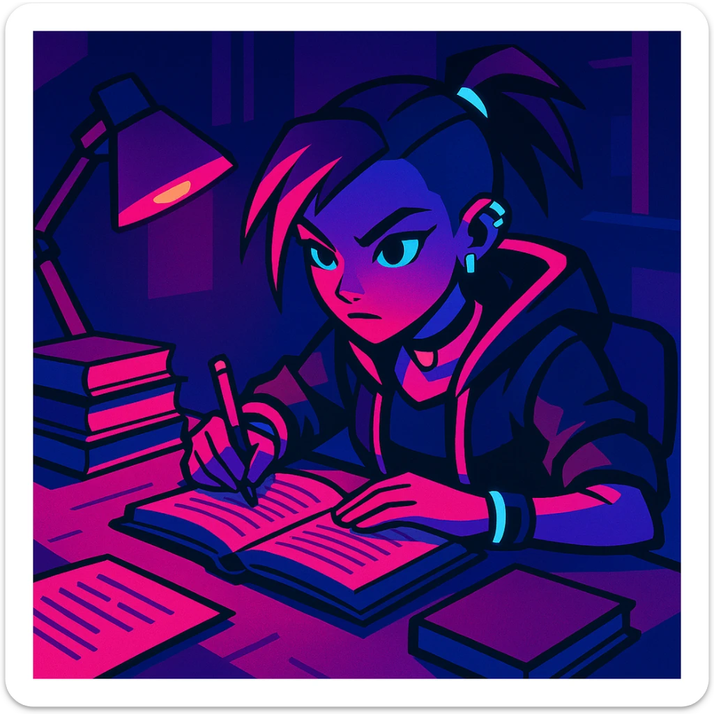 A girl preparing for exams, sitting at a desk with books and notes, looking focused and determined, in a cyberpunk neon style. sticker
