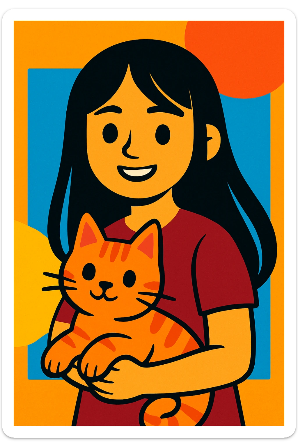 girl with straight long black hair, maroon shirt, carrying a cat, vibrant toon style sticker