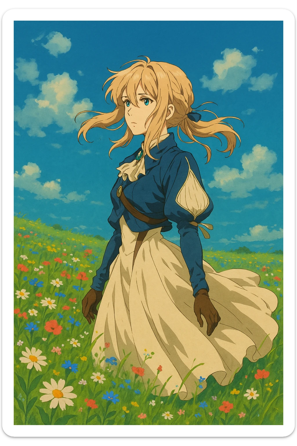 Violet Evergarden, standing in a field of flowers, wind blowing her hair and dress, cinematic anime illustration sticker