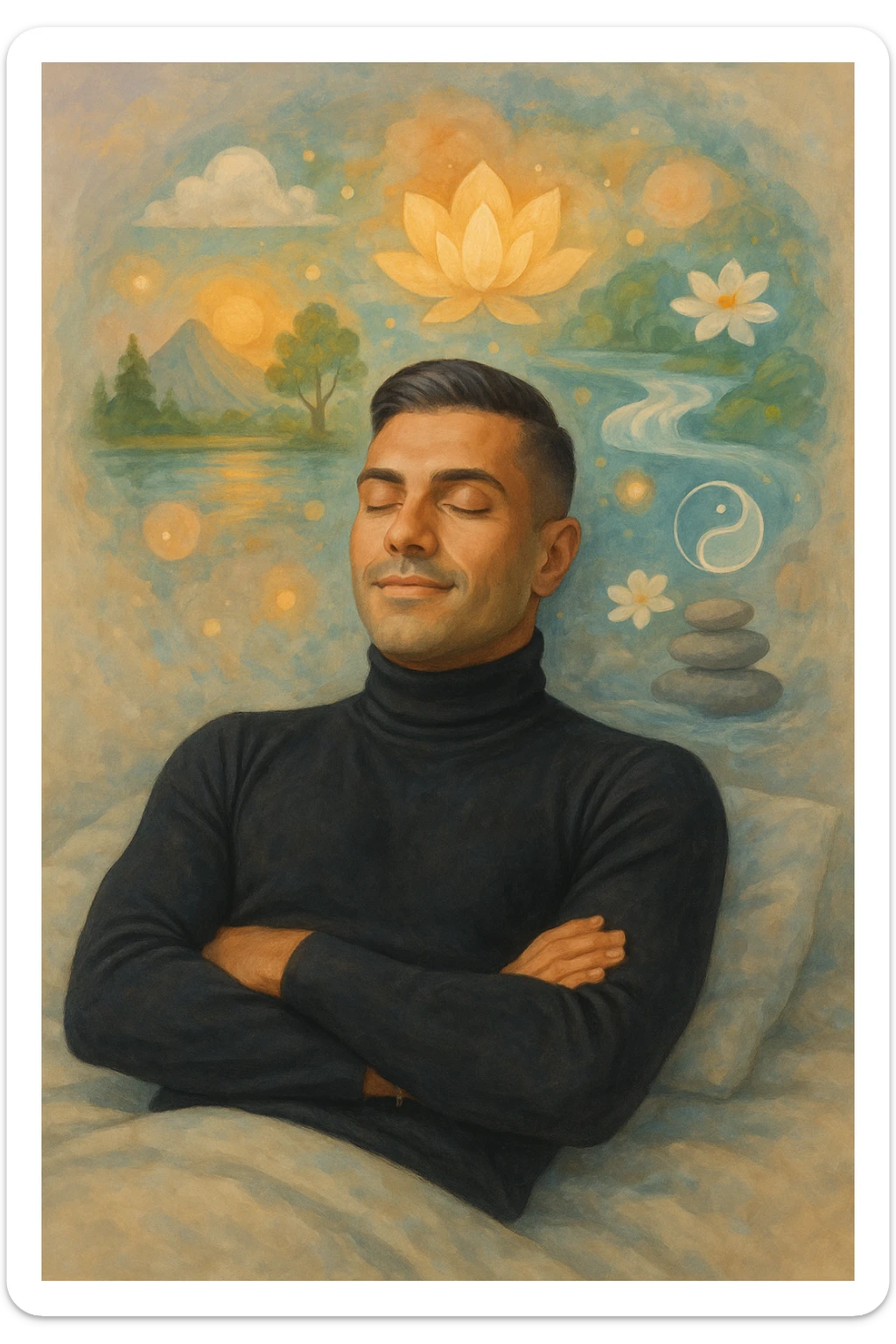 Un uomo sdraiato su un letto o una superficie fluttuante, con un'espressione serena e gli occhi chiusi. Attorno a lui, proiettate dalla sua mente, si materializzano immagini vivide di benessere e armonia: sticker