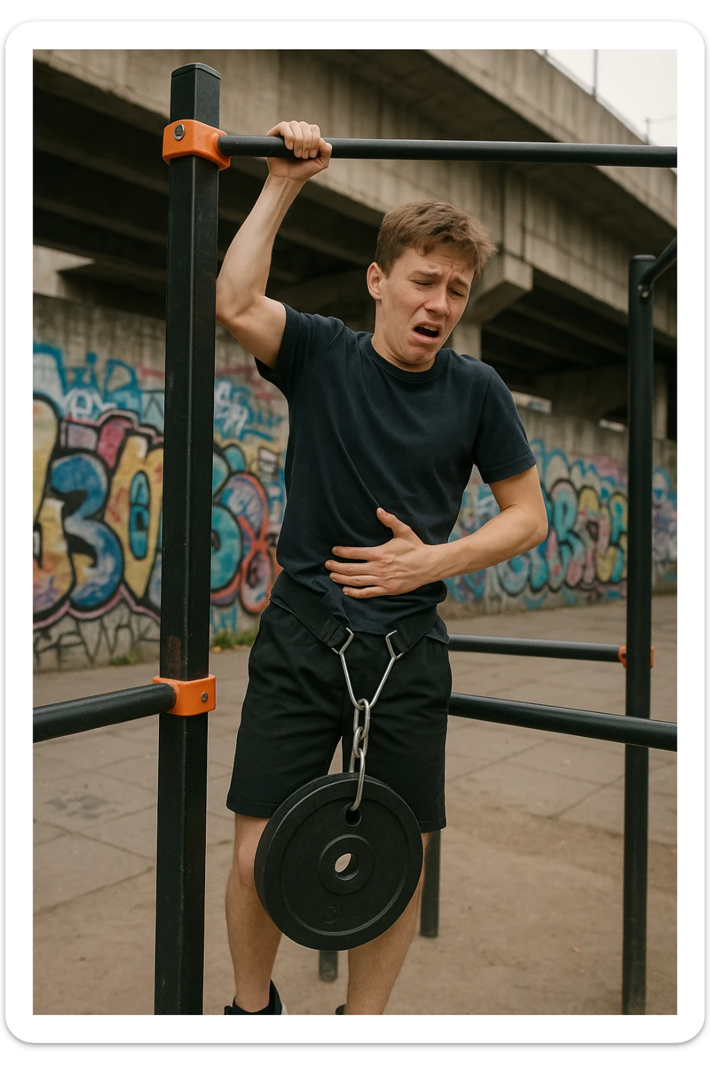 Giovane atleta neofita, fisico normale e non ancora sviluppato, si allena per la prima volta in uno spazio urbano per streetlifting: sbarra per trazioni, parallele, e pesi appesi alla cintura. Ma si è infortunato perchè non faceva le cose con la giusta tecnica. sticker