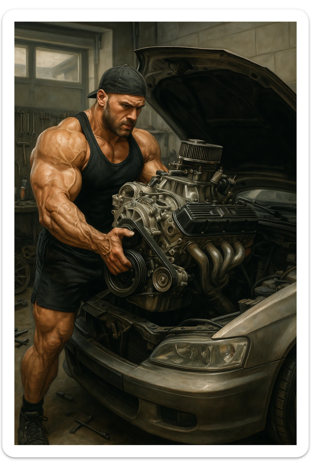 a muscular bodybuilder in gym attire stands next to a car with the hood open, lifting a large, shiny, high-performance engine with ease. His expression is focused and determined as he installs the new engine. The background is a modern garage, with tools and car parts scattered around, emphasizing strength and mechanical skill. sticker