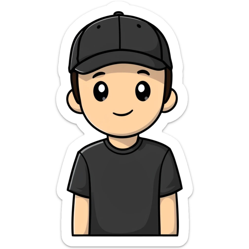 a white bro with brunette hair, wearing a black cap and a black shirt sticker