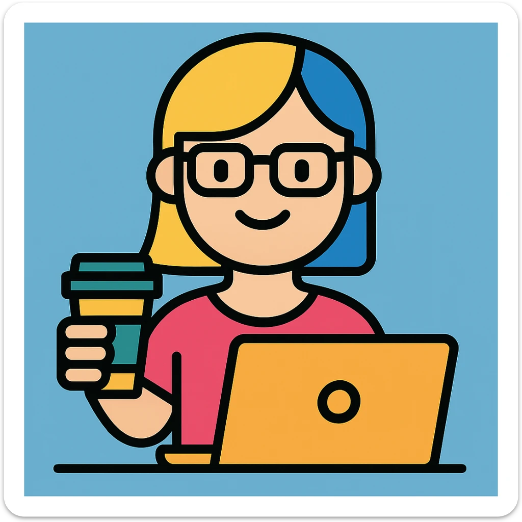 A girl with blonde hair and blue hair wearing glasses holds a laptop and a glass of coffee with a background sticker