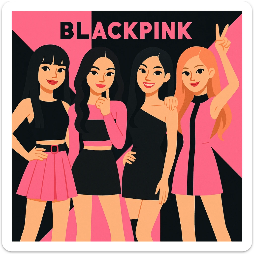 Blackpink K-pop group, pink and black colors, fashionable, confident, playful group pose sticker