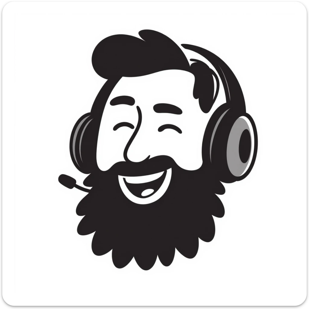 laughing man with black hair, brown eyes, black beard wearing gaming headset sticker