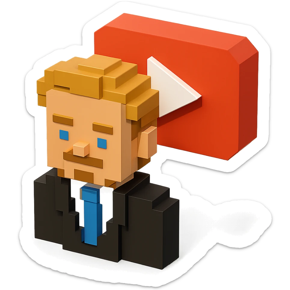 voxel style Leonardo DiCaprio with a large YouTube play button in the background, isometric view sticker