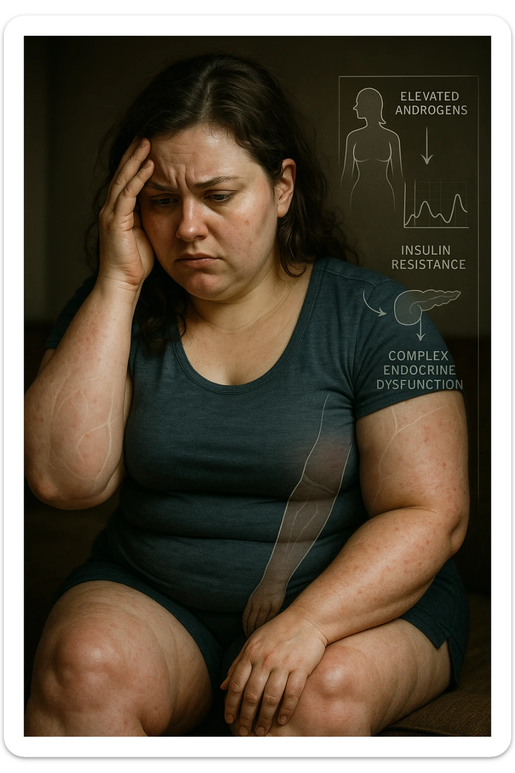 cinematic realistic Woman with PCOS struggling with hormonal chaos, transparent overlay showing elevated androgens and insulin resistance affecting her body, lipedema causing disproportionate fat accumulation in legs and arms despite normal torso, expression of frustration with unexplained weight gain, medical charts showing complex endocrine dysfunction, painful swollen limbs contrasting with metabolic confusion scrivi i testi in italiano sticker