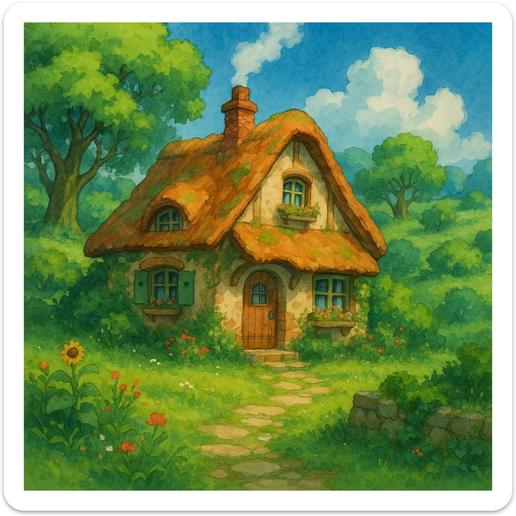 a cozy cottage in a magical landscape with lush greenery in Ghibli style sticker